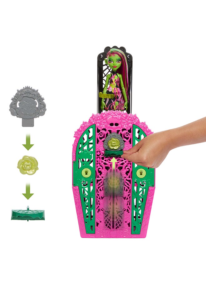 Garden Mysteries Venus McFlytrap with Reveal Closet & 19+ Tea Party Surprises like Clothes, Skulltimate Secrets Doll & Accessories Set