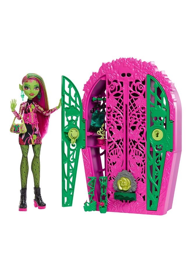 Garden Mysteries Venus McFlytrap with Reveal Closet & 19+ Tea Party Surprises like Clothes, Skulltimate Secrets Doll & Accessories Set