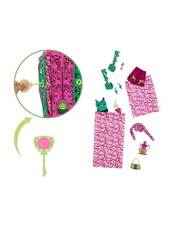 Garden Mysteries Venus McFlytrap with Reveal Closet & 19+ Tea Party Surprises like Clothes, Skulltimate Secrets Doll & Accessories Set