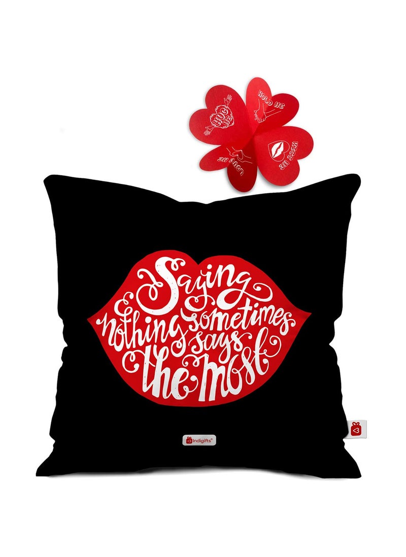 Indigifts Love Quote Soft Poly Satin Cushion Cover with Filler - Black, 12x12 inches.