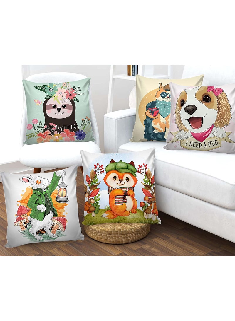 AEROHAVEN Premium Set of 5 Cartoon Digital Printed Hand Stitched Throw PillowCushion Covers Brown 16 x 16 Inch CC186