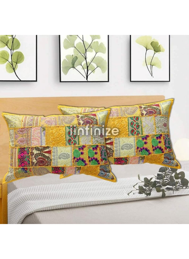 iinfinize Yellow 16x24 Inch Rectangular Pillow Cover Set of 2 Patchwork Cushion Cover Handmade Embroidery Bedding Pillow Case Indian Traditional Khambadiya Cushion Cover