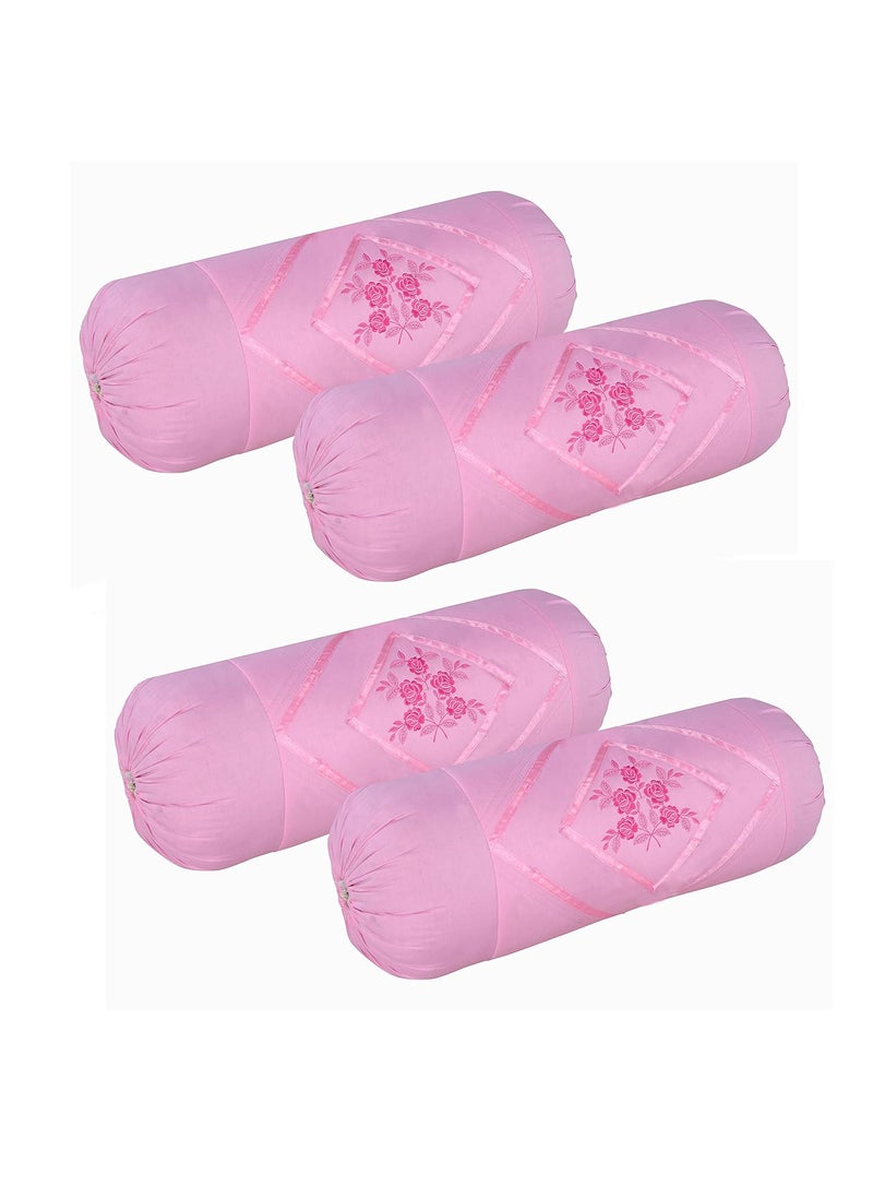 Rj Products Embroidered Cotton Bolsters Cover Pack of 4 Beige Pink