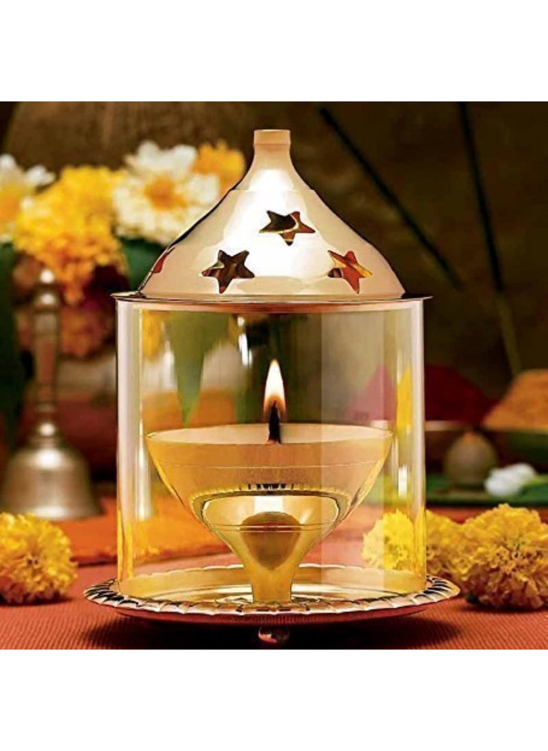 Nyra Brass Akhand Diya with Glass Cover for PoojaPuja Home Decoration Mandir Golden 5 inch