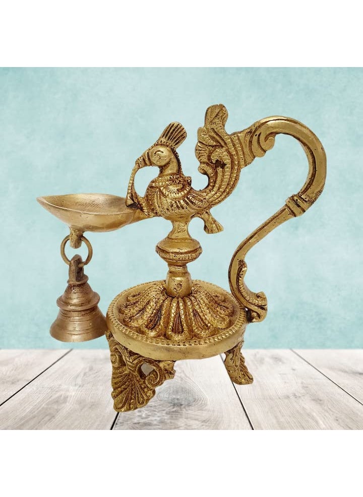 Mohan Jodero Peacock Deepak Diya with Bell Antique Golden Home Decorative for Temple Festival