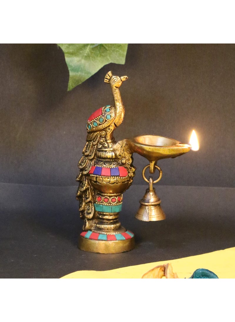 ARTVARKO Peacock Diya with Bell Brass Multicolor Stone Handwork Table Dcor for Home Diwali Gift Temple Pooja Gold Color Height 65 Inch