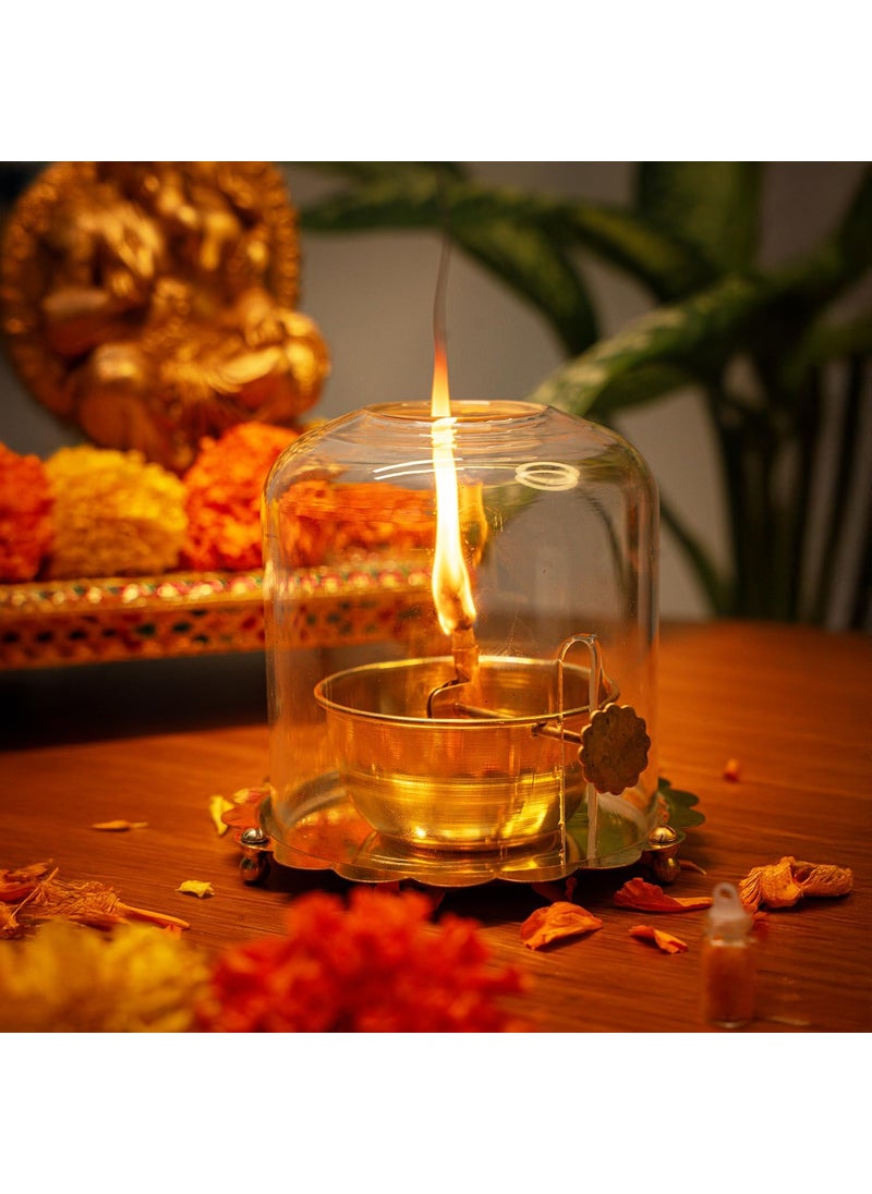Narayan Bhakti Pure Brass Akhand Jyot Diya with Adjustable Bati Knob Wick Lifting Screw Lever Glass Cover Big Size 250 ml Oil Capacity Wick Included Authentic Borosilicate