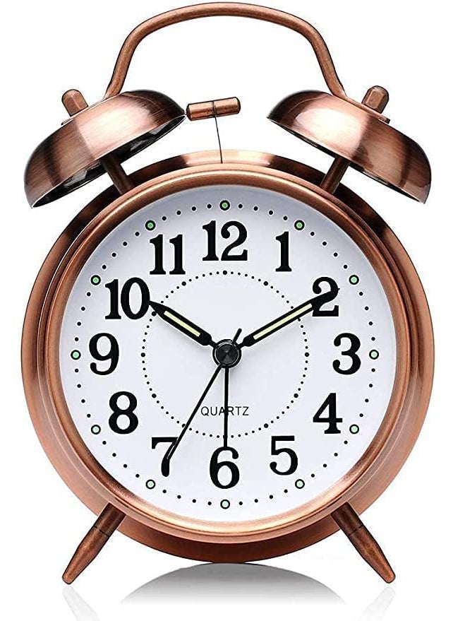 FUJINO Vintage Twin Bell Copper Table Alarm Clock with Night LED Light for Student for Kids Bedroom