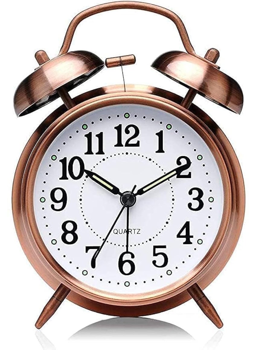 KBR Vintage Twin Bell Table Alarm Clock with Night LED Light Heavy Slippers Extra Loud Alarm Analog Clock Ideal for Student and Kids Bedroom Copper