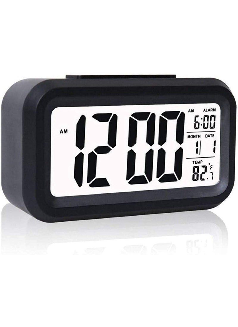 TRIONZZA Digital Table Alarm Clock Calendar Snooze with Automatic Sensor Light Smart Battery Operated Date and Temperature Indoor Multifunctional Bedside Alarm Clock Home and Office