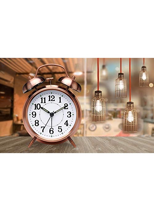 DPISZONE Vintage Twin Bell Copper Table Alarm Clock with Night LED Light for Student and Kids Bedroom Children Office Workers Travelers Battery Operated Copper Color