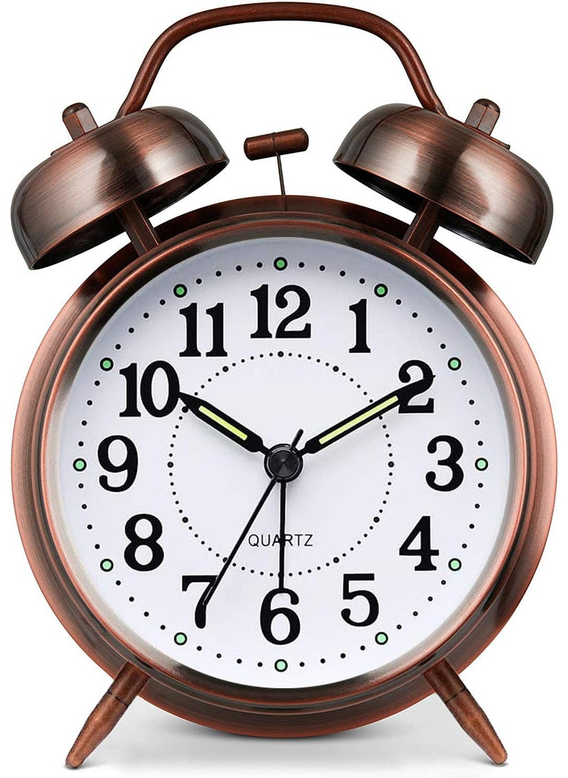 Azyh Loud Alarm Clock for Heavy Sleeper 4 Inches Twin Bell Battery Operated Metal Alarm Clocks with Night Light for Bedrooms Retro Analog Alarm Clock for Adults Silent NonTicking Red Brown