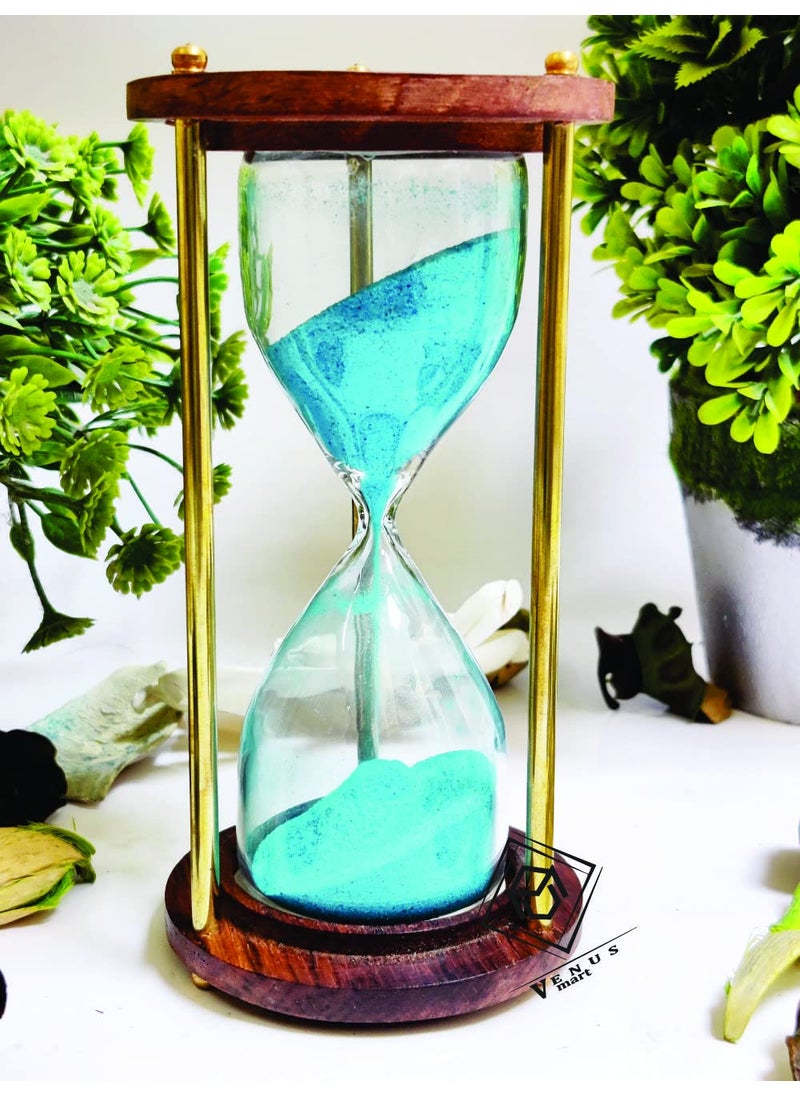 NORVILLE Wooden and Brass Sand Timer Hour Glass Sandglass Clock Ideal for Exercise Tea Making Antique Nautical Decor Theme Height 6 Inches 5 Minutes Sand Clock Wooden Timer with Sky Blue Sand