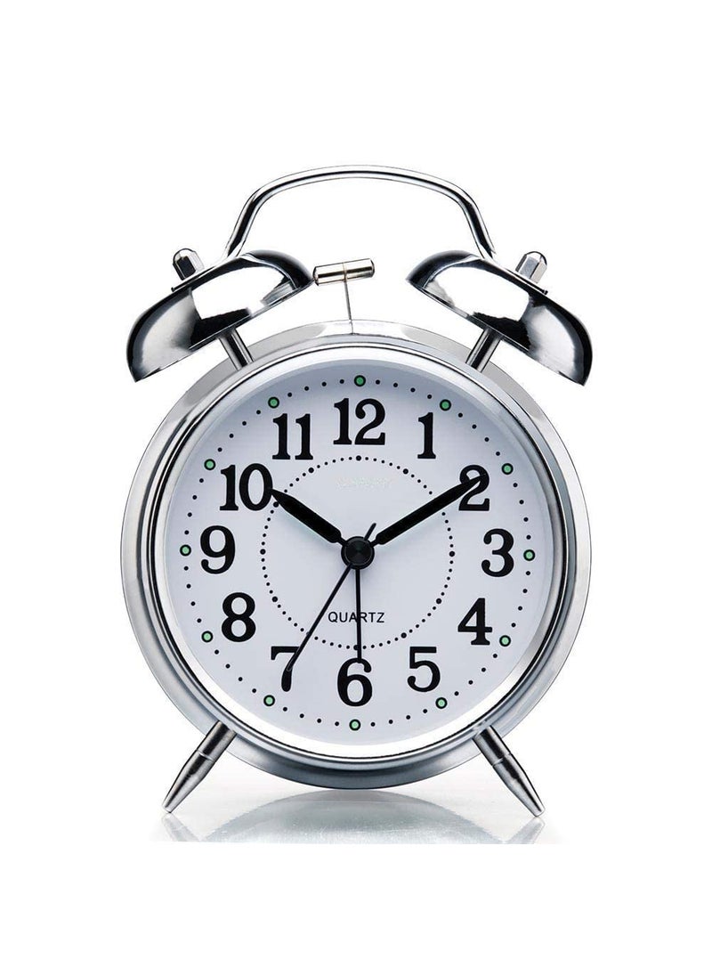 JigTik Table Clock Twin Bell Analog Alarm Clock for Students Heavy Slippers Extra Loud for Bedside Table Twins Bell Ringing Desk Clocks for Kids Teens and Girls Silver Vintage