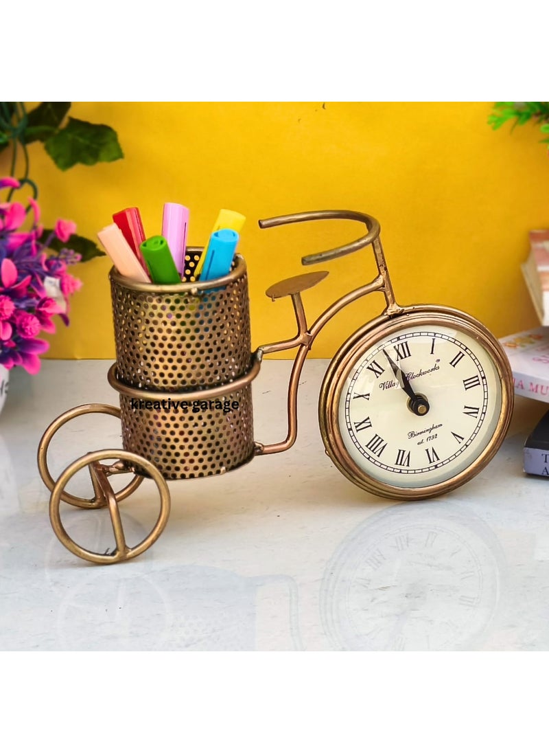 KREATIVE GARAGE The Cycle Iron Antique Desk Clock with Pen StandAntique Pen Holder with ClockPen Holder for Office and Home DecorationCorporate Best GiftGoldDesk Organisers Pack of 27 17