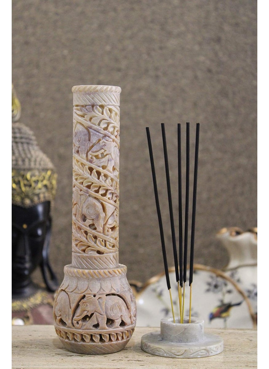 KC KULLICRAFT Marble Soapstone Bottle Shape Agarbatti Stand Incense Stick Burner for Puja and Home DecorElephant DesignRound