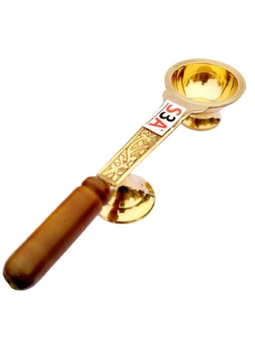 S3A Long Handle Brass Camphor Burner Kapoor for Aarti Diya Jyoti with Extra Support Proper Balancing Length with Handle21cms Dia 6cms Wooden Handle