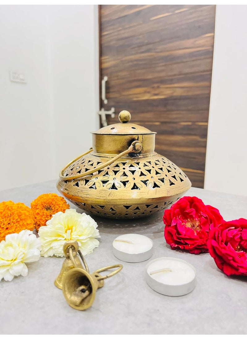 R K Crafts Degchi Style Holder for Dhoop Incense Stick Cone and Sambrani CupIron Round