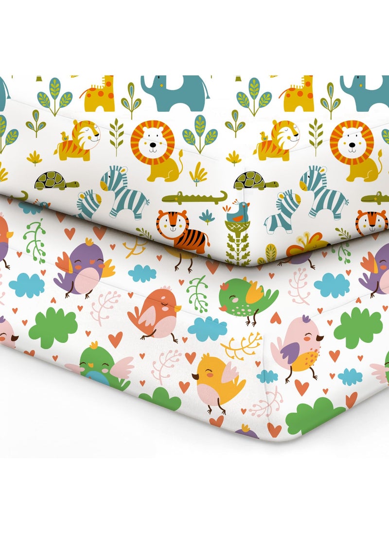 A Baby Cherry Fitted Crib Sheet 100 Organic Jersey Cotton 125 65CM 2 Pack Super Soft and Cozy Crib Cover Set for Toddler Mattress Crib Bedsheet for Boys Girls Bird Jungle