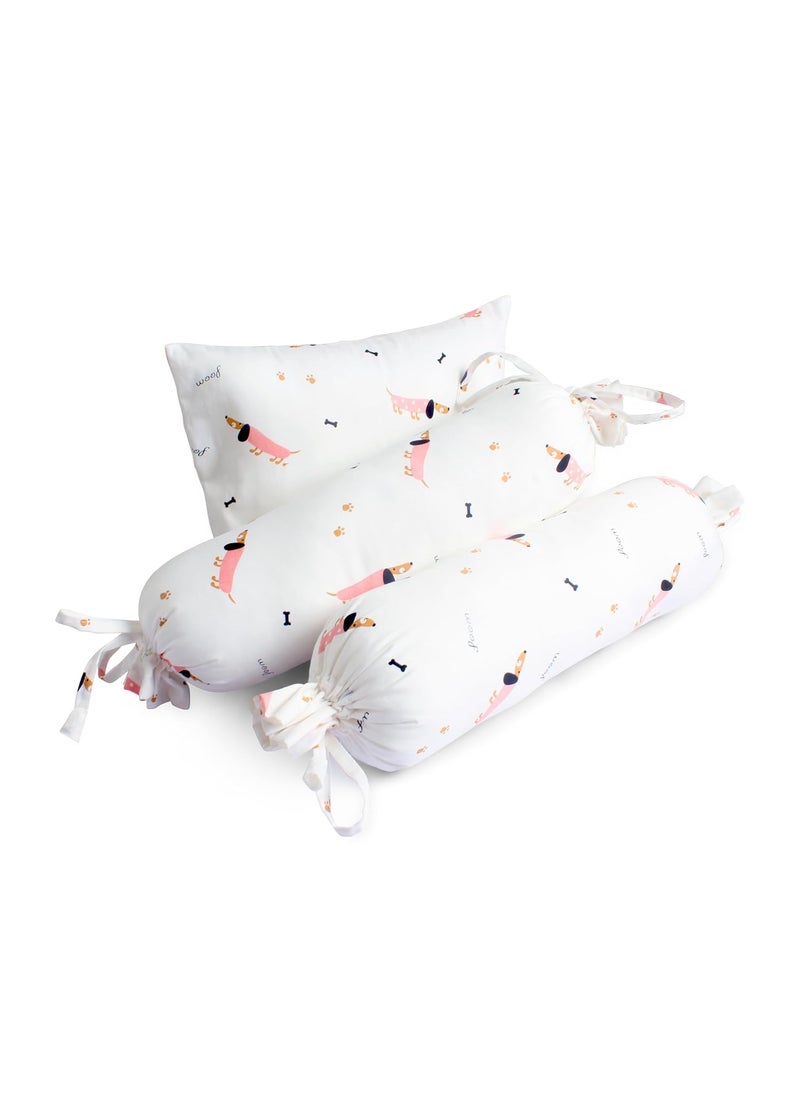 The White Cradle Cot Pillow 2 Bolsters Set with Fillers Organic Cotton Fabric Softest Fiber Filling Protective Comfort Pink Poodle
