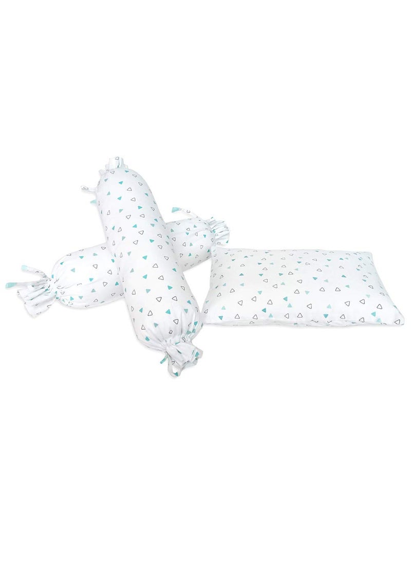 The White Cradle Cot Pillow 2 Bolsters Set with Fillers Organic Cotton Fabric Softest Fiber Filling Protective Comfort Blue Triangles
