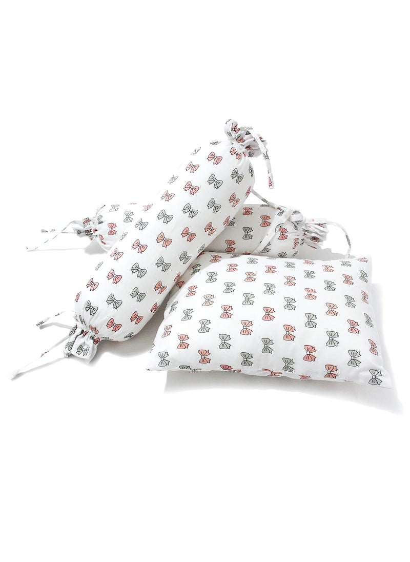 The White Cradle Cot Pillow 2 Bolsters Set with Fillers Organic Cotton Fabric Softest Fiber Filling Protective Comfort Pink Bow
