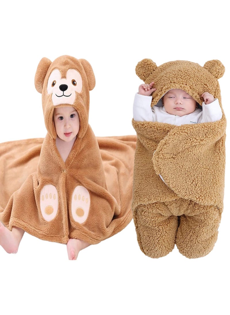 First Kick Baby Blankets New Born Combo Pack of Hooded Wrapper Durable Flannel Wool Sleeping Bag and Baby Bath Towel for 06 Months Baby Boys and Baby Girls Pack of 2 Camel Monkey