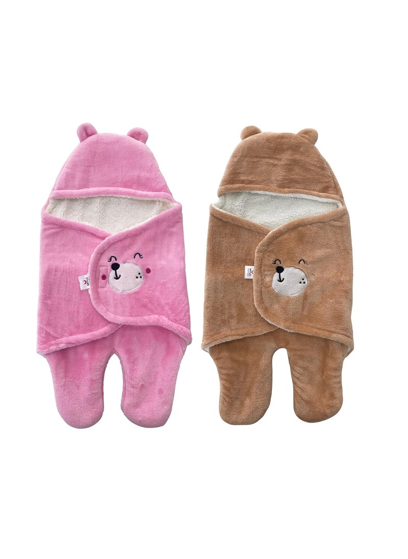 MYLO Baby UltraSoft Cute Baby Pack of 2 Swaddling Wrapper All Season Ac Blanket Multipurpose Hoodie Teddy Bear06 Months Light PinkLight Brown