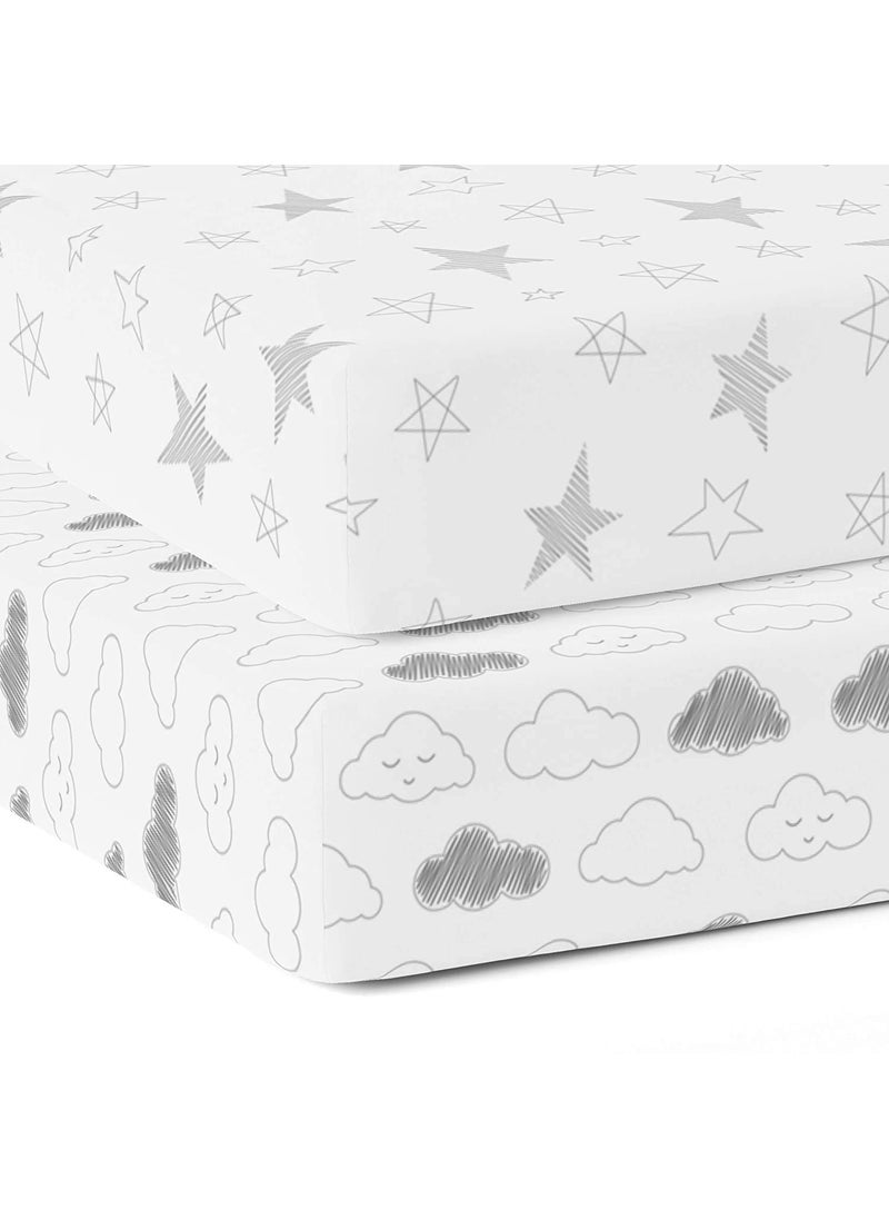 Cotton Baby Crib Fitted Bed Sheets for Cot Organic Twill Fabric Baby Bedding for New Born Infants Toddlers 52x28 Pack of 2 The White Cradle Star Clouds