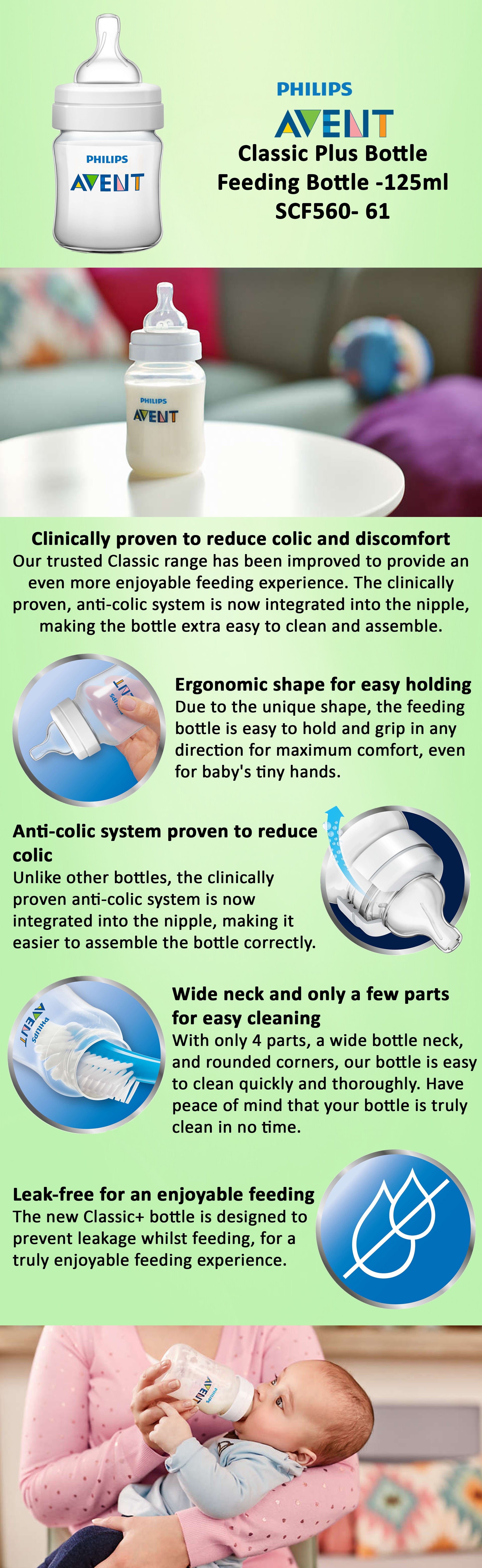 Classic Plus Feeding Bottle, 125ml, Clear