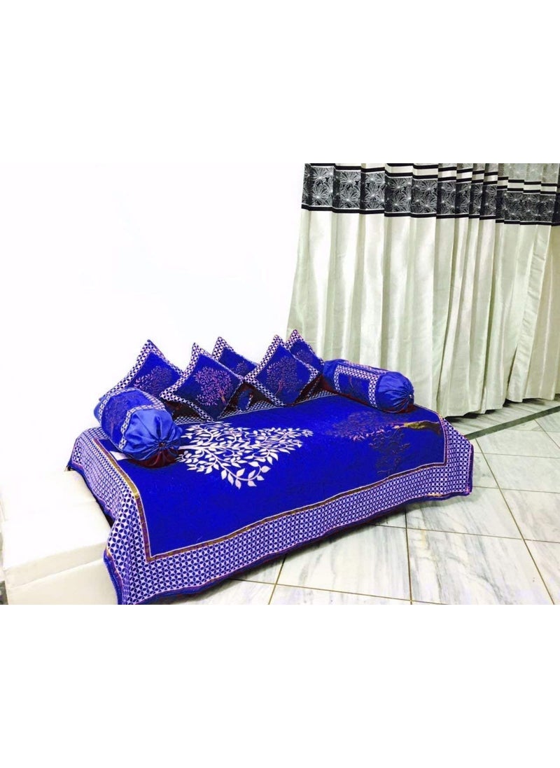 Fresh From Loom Chenille Floral 500 TC Diwan Set NavyBlue 1 Single Bedsheet with 2 Bolster Covers and 5 Cushion Covers 8pc Set