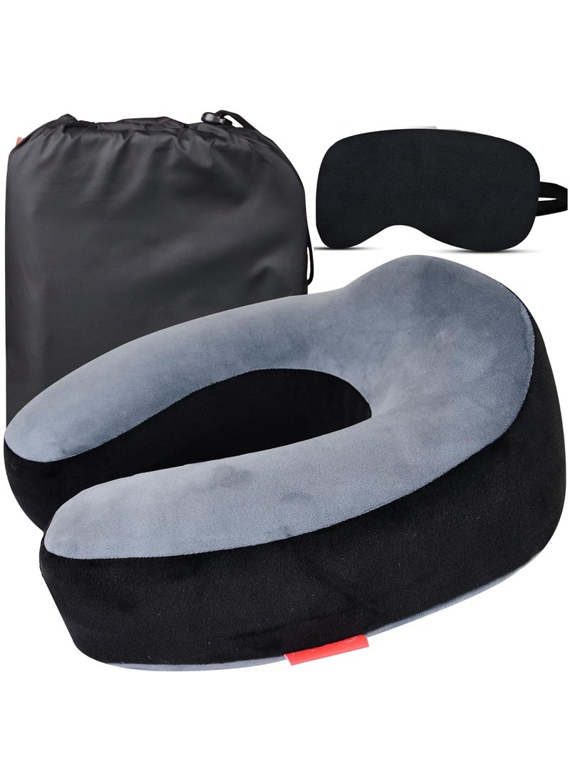 Trajectory Travel Neck Pillow Memory Foam 3 in 1 Combo with Eye Mask and Carry Bag Combo for Travel in Flights Train Airplane for Sleeping and Orthopedic Neck Pain for Men and Women Grey Black