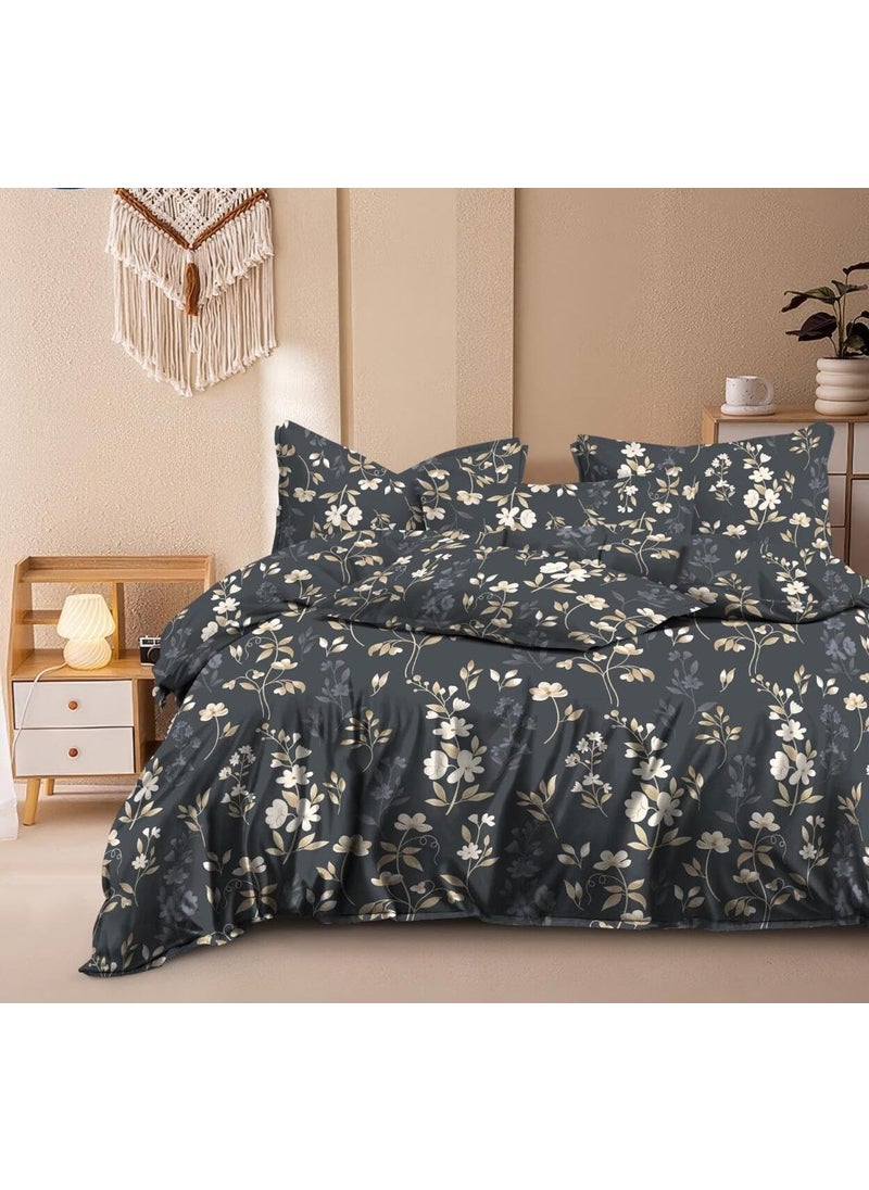 DECOR2ADMIRE 300 TC Super King Size Glace Cotton Printed Bedsheet with 2 Pillow Covers 108 x 108 275cm x 275cm 10 Designs Catalogue Dark Grey Floral