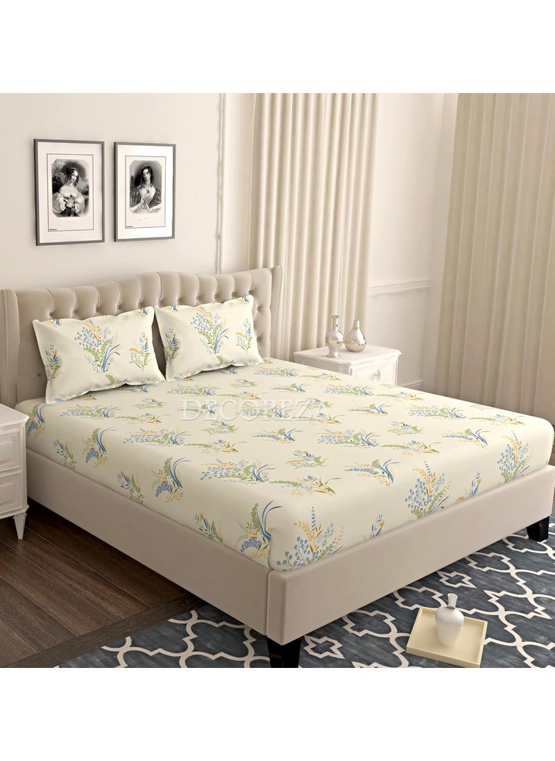 DECOREZA 280 TC Cotton Feel All Around Elastic Fitted Bedsheets Elastic Fitted Bedsheets King Size Bedsheet for Double Bed with 2 Pillow Covers Size 72 x 78 x 8 Inches Cream Floral