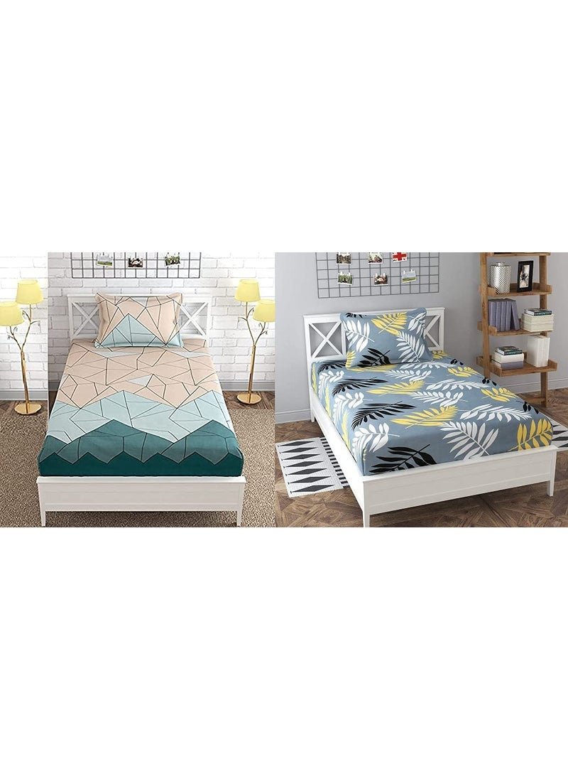THE HOME STYLE Cotton Feel Glace Cotton Printed 2 Single Bed Bedsheets Combo Pack of 2 Single Bedsheet with 2 Pillow Cover Pastel Green Midnight Leaf