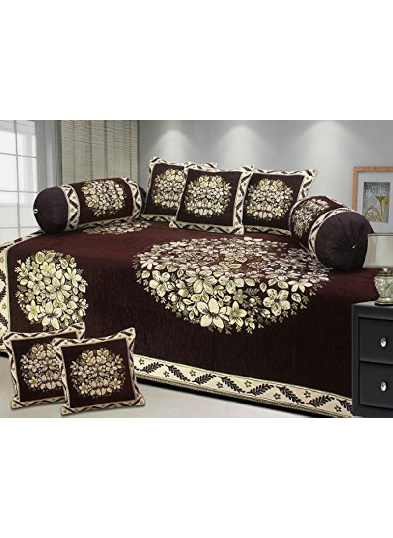 FRESH FROM LOOM Chenille 500 TC Diwan Set 1pc Single Bed Sheet with 2 Bolster Covers and 5 Cushion Covers 8pc Set Coffee