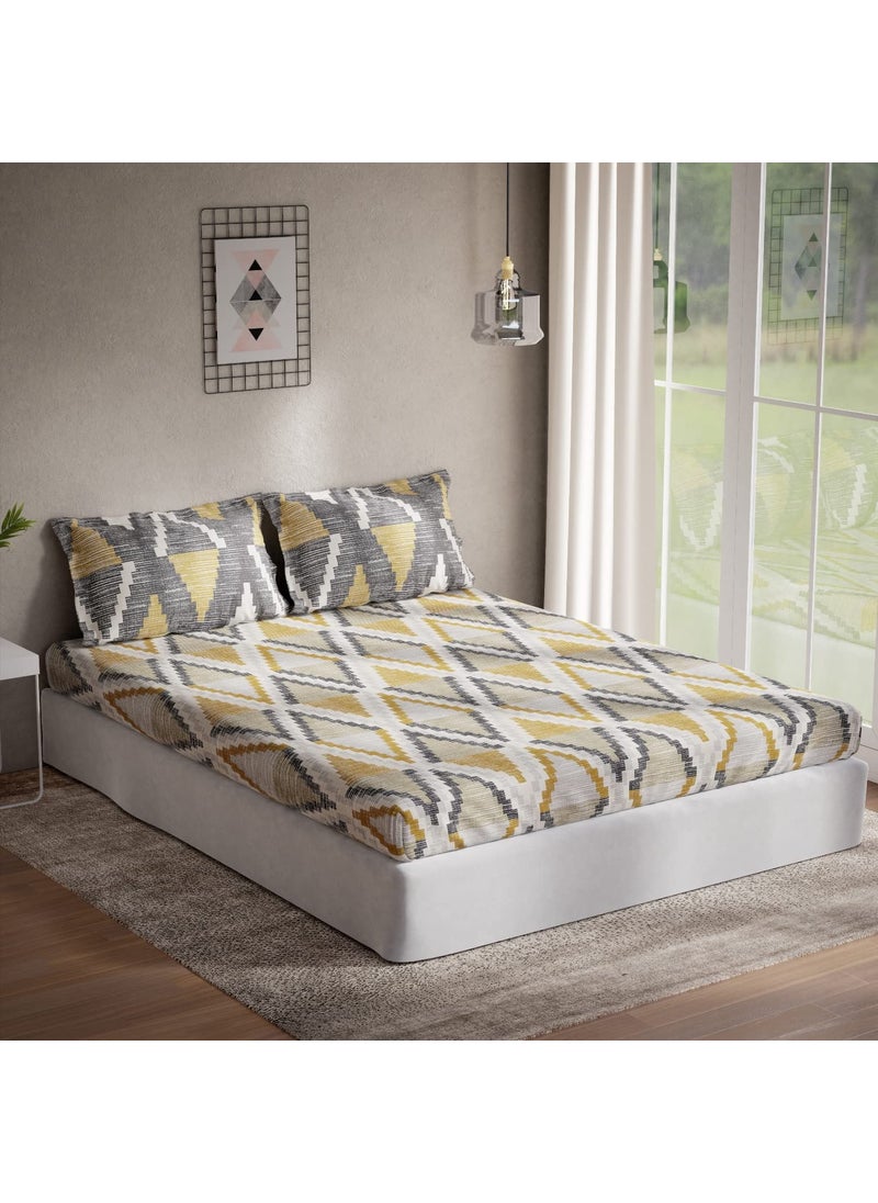 DDECOR Pack of 1 Plaza Geometric Cotton Double Bedsheet with 2 Pillow Covers Yellow