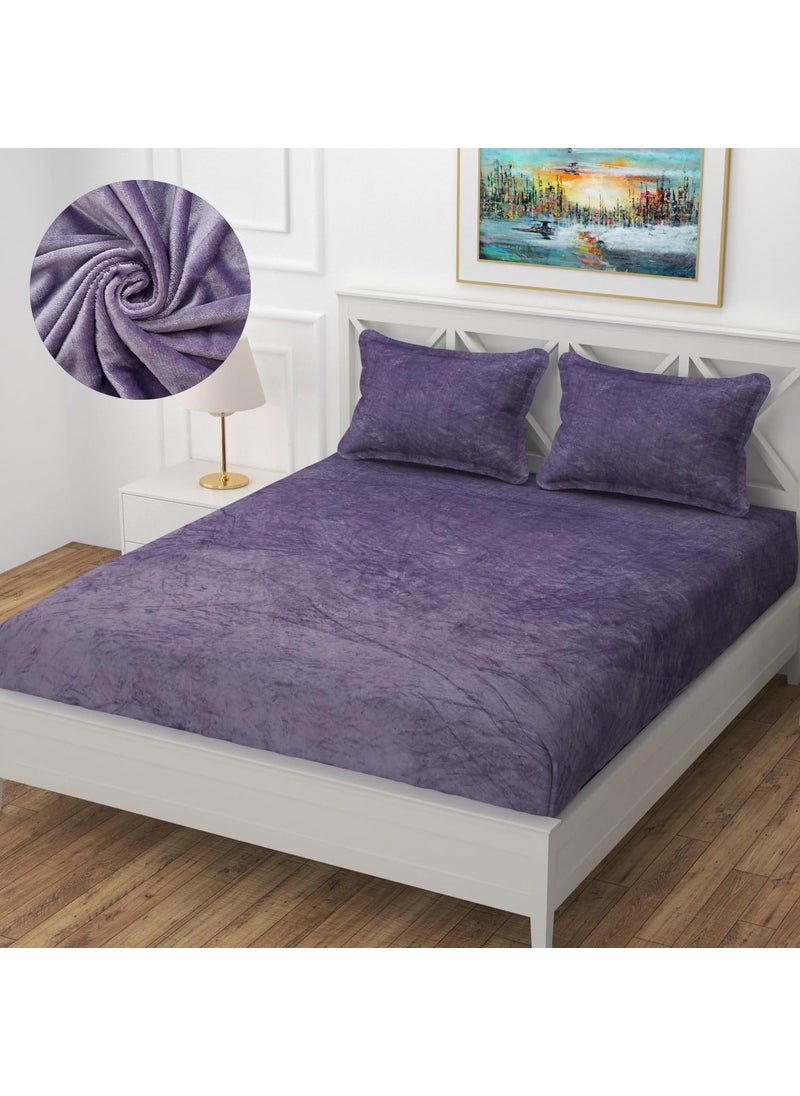 OSONIC Velvet Warm Winter Solid Flannel Elastic Fitted Bedsheets for Double Bed King Size 72X78 Inches with 2 Pillow Covers 210 GSMDouble Bed Warm Bedsheet with ElasticFitted Purple