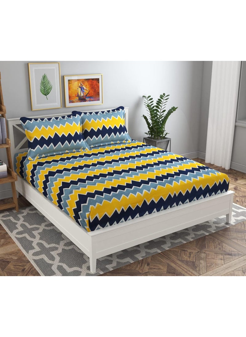 VAS COLLECTIONS 144 TC Supersoft Microfiber Premium Double Bedsheet with 2 Pillow Covers Breathable Wrinkle Free 3 Pcs Set 225x222 cm Yellow Blue