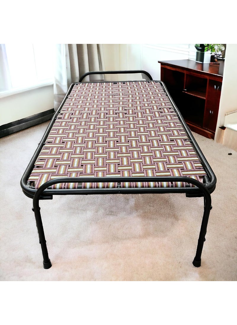 NATTNAK WE TRULY CARES Nylon Heavy Duty Painted Folding Bed With Double Pipe Iron Frame Double Niwar Strips 36x72 inches 12kg Weight Ideal For Guests Camping and Small Spaces Multicolour