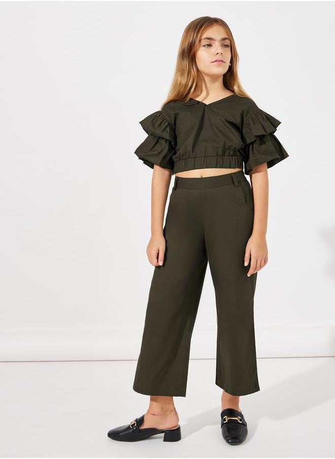 Layered Sleeve Crop Top & Wide Leg Pants Set