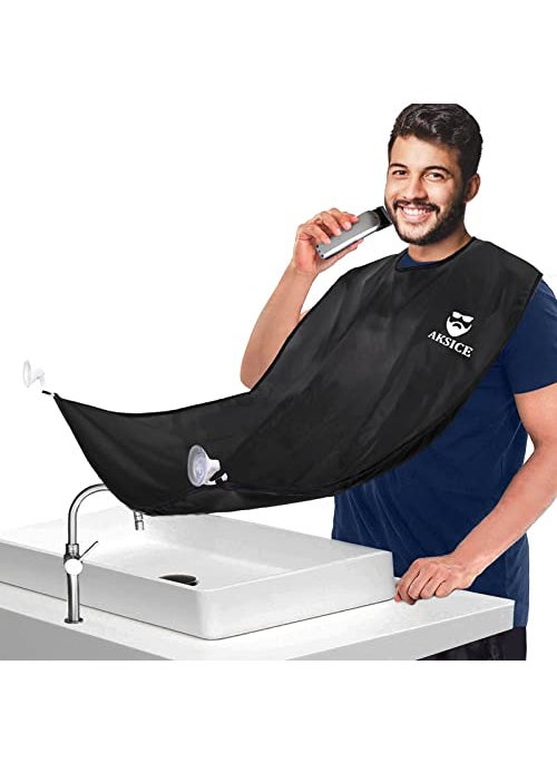 Aksice Beard Bib Apron Beard Hair Catcher for Men Shaving NonStick Beard Cape Grooming Cloth Waterproof with 4 Suction Cups  Black