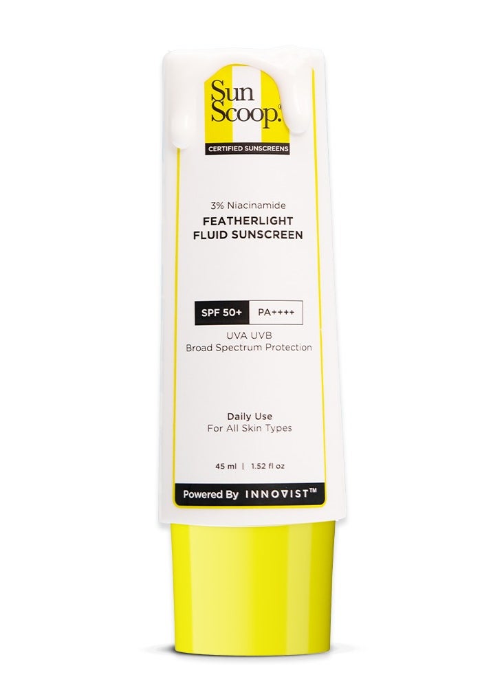 Sunscoop's 3% Niacinamide Fluid Sunscreen| SPF 50+ PA++++| Super light formula| Prevents tanning & sunburn| Reduces pigmentation| Non-Comedogenic| 45ml