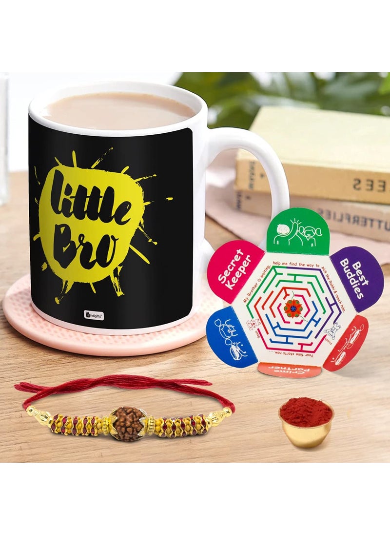 Indigifts Rakhi Gift for Brother Lilttle Bro Quote Printed Coffee Mug 330 ml, Rudraksha Rakhi, Roli & Greeting Card - Gifts for Brother, Rakhi for Brother with Gifts, Brother Coffee Cup