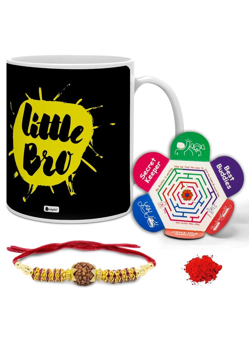 Indigifts Rakhi Gift for Brother Lilttle Bro Quote Printed Coffee Mug 330 ml, Rudraksha Rakhi, Roli & Greeting Card - Gifts for Brother, Rakhi for Brother with Gifts, Brother Coffee Cup