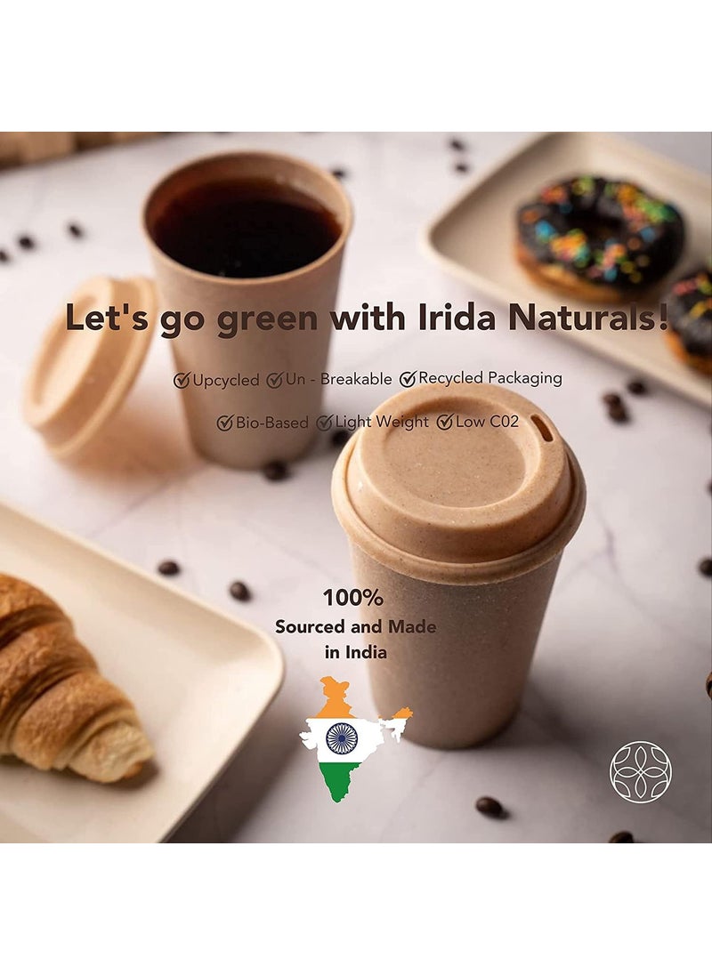IRIDA NATURALS Rice Husk Sipper Cups - 100% BPA Free Reusable Eco Friendly & Microwave Safe Cups, Perfect for Hot and Cold Coffee Cups, Unbreakable Tea Cup for Kids & Adults, Set 4 375 ML (Soft Beige)