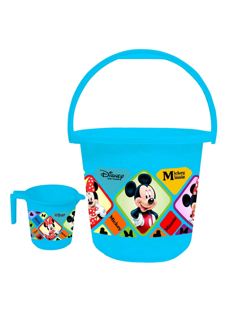 Kuber Industries Disney Mickey Minnie Print 2 Pieces Unbreakable Virgin Plastic Bathroom Bucket with Mug Set- Blue, (1 Pc 16 LTR Bucket & 1 Pc 500 ML Mug) -HS_35_KUBMARTS17929