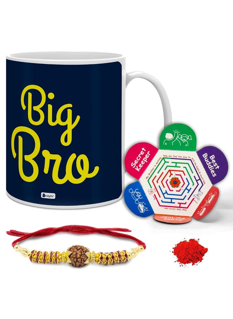 Indigifts Rakshabandhan Gifts for Brother Big Bro Quote Printed Coffee Mug 330 ml, Rudraksha Rakhi, Roli & Greeting Card - Raksha Bandhan Gifts, Best Rakhi Gift for Brother, Gift for Brother
