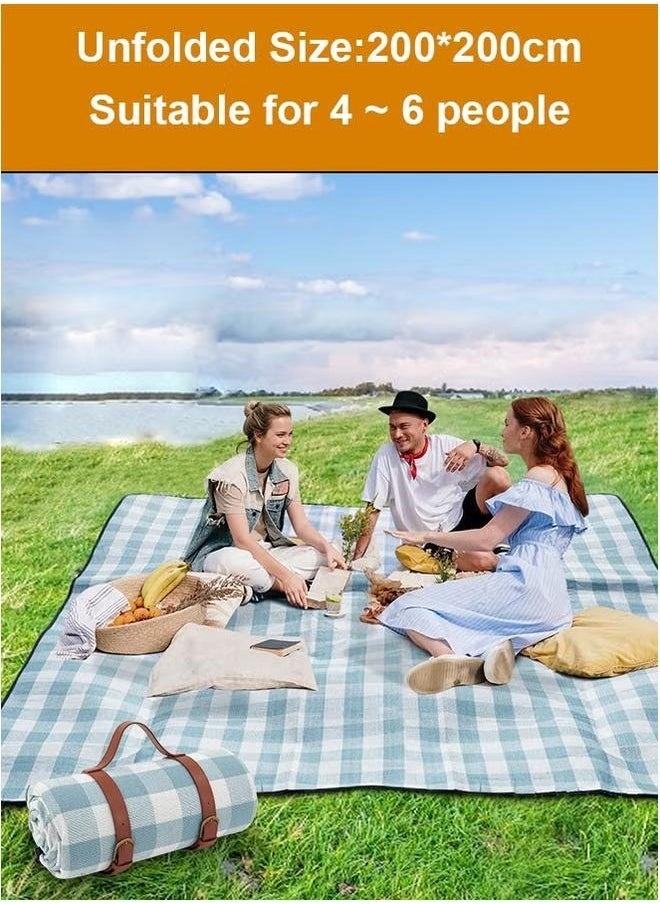 Picnic Blanket Portable Foldable and Waterproof Picnic Blanket with Carry Strap 200 * 200cm-（blue+white）