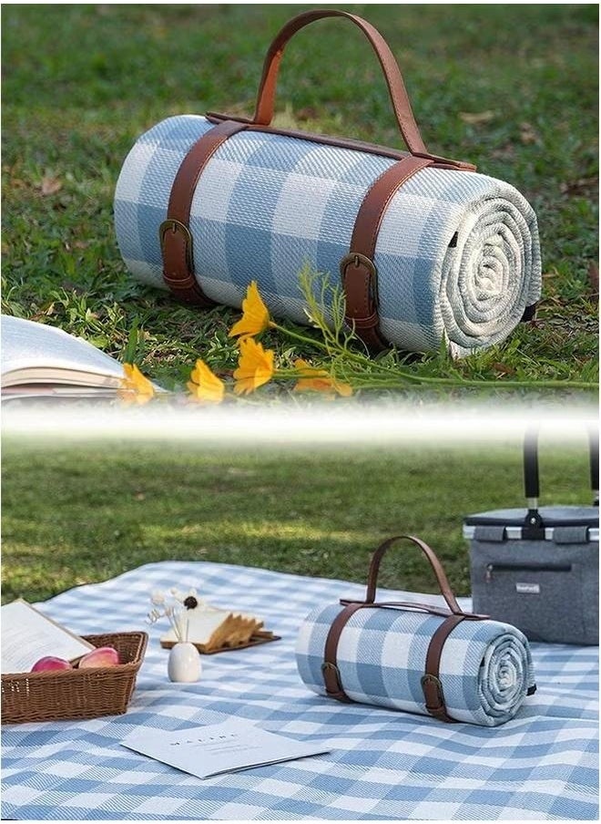 Picnic Blanket Portable Foldable and Waterproof Picnic Blanket with Carry Strap 200 * 200cm-（blue+white）